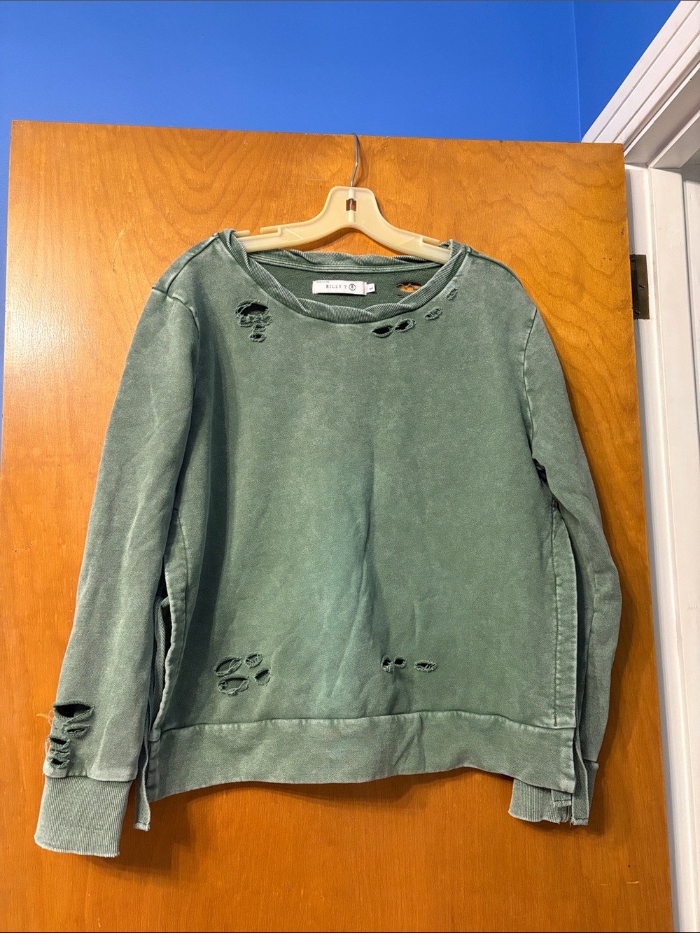 Billy T Distressed Sage Green Crewneck Sweatshirt - Relaxed Women's Pullover